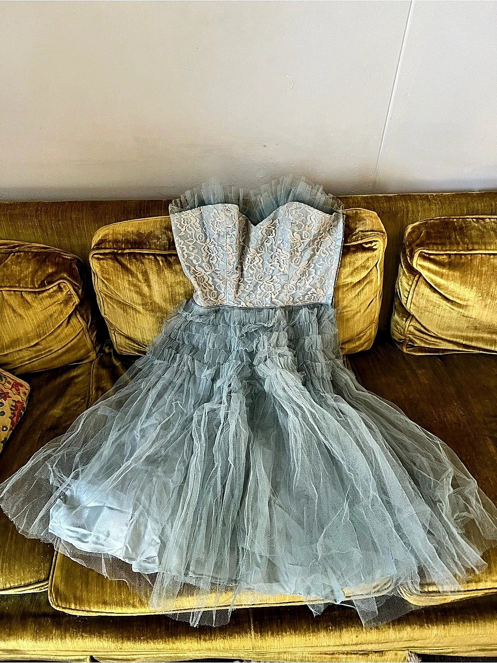 Vintage Lace Bodice Tulle Midi Dress in Blue and cream Lace 1950s 1960s